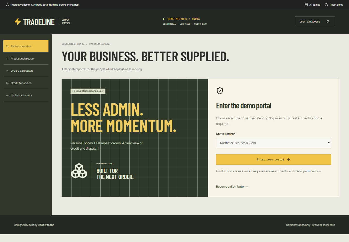 TradeLine concept showing the dealer ordering workspace with synthetic sample data.